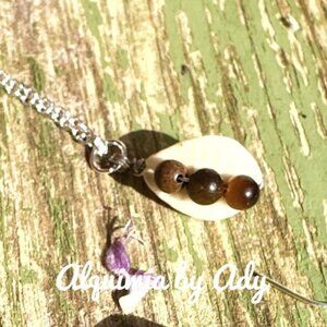 Beaded  jeweled Tiger's eye and shell delicate pendant necklace